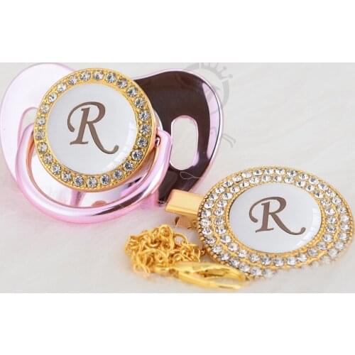 MIYOCAR name Initial letter R unique silver bling pacifier and pacifier clips BPA free silicone nipple dummy bling SGS LR-W