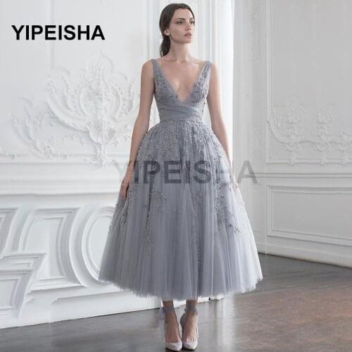 Grey Evening Dresses Short Beading Evening dress Elegant Prom Gowns Vintage Formal Dress Party Robe De Soiree