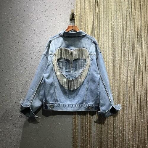 New Diamonds Tassel Hollow Out Denim Jackets Womens Turn-Down Collar Single Breasted Pockets Korean Style Fashion Loose Coat