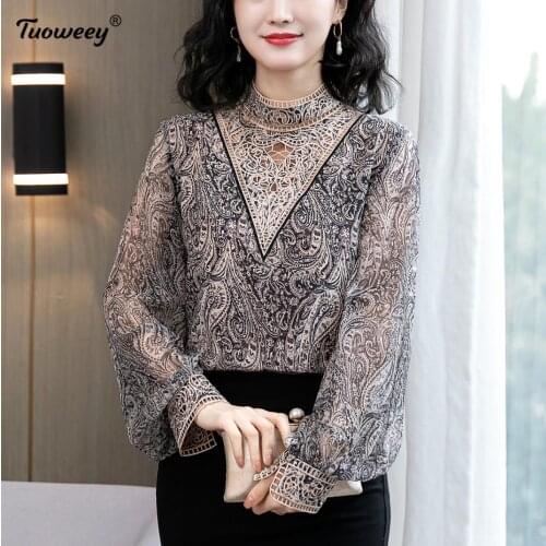 2021 Office Women Blouse Tops Casual Spring Long Sleeve hollow out Blouses Elegant chiffon Blusa Female OL Work Shirt