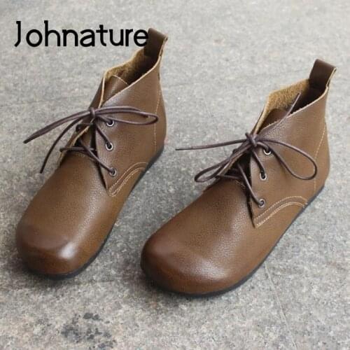 Johnature Ankle Women Boots Genuine Leather Ladies Shoes Lace-Up 2020 New Handmade Vintage Sewing Round Toe Platform Boots