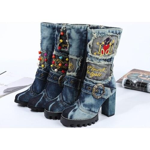 Womens Occident Denim Mid Calf Side Zip Motorcycle Stylish Boots Shoes Winter Embroidery Cowboy Western Jeans New 2022