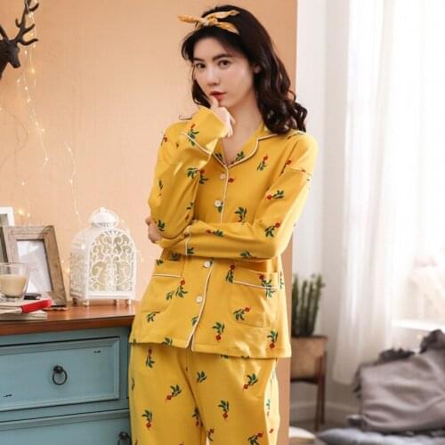 Women spring and autumn new long sleeve pants casual cotton lapel comfortable breathable wearable pajama sets women pajamas set