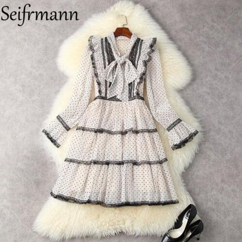 Seifrmann New 2021 Autumn Women Fashion Runway Mesh Midi Dress Flare Sleeve Bow Ruffles Lace Dot Print Party Cake Ladies Dresses