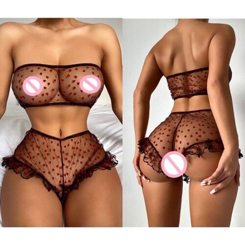 Women Sexy Lingerie Set Sissy Transparent Lace Bralette Bra Black Lingeries Women Underwear Clothing with Red Heart Printing