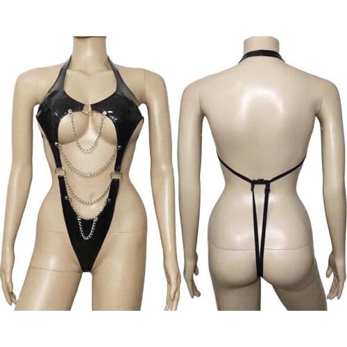 Womens Sexy Lingerie PU Leather Wet Look Leotard Bodysuit Front Drape Chain Hollow Out Bikini Back Teddy Fetish Costume