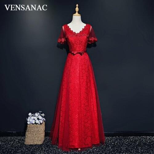 VENSANAC Sequined V Neck 2018 Lace Embroidery Long Evening Dresses Elegant A Line Bow Sash Backless Party Prom Gowns