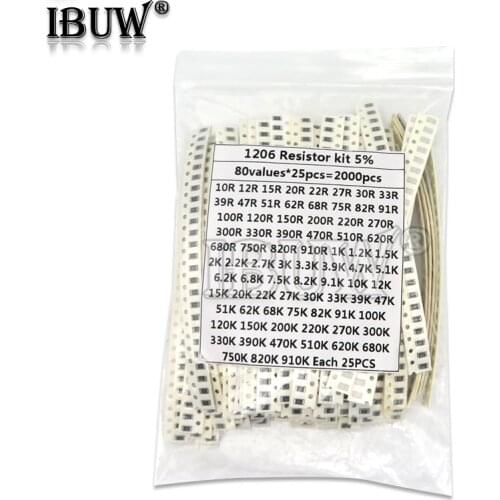 2000PCS 10 ohm-910K ohm 1206 SMD Resistor Kit Assorted set 5% 80values*25PCS SMD Resistors 10K 470/100/680 ohm resistance pack