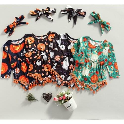 2021 Halloween Newborn Baby Girl Long Sleeve Skull Pumpkin Print Tassel Holiday Romper Jumpsuit Outits Baby Clothes
