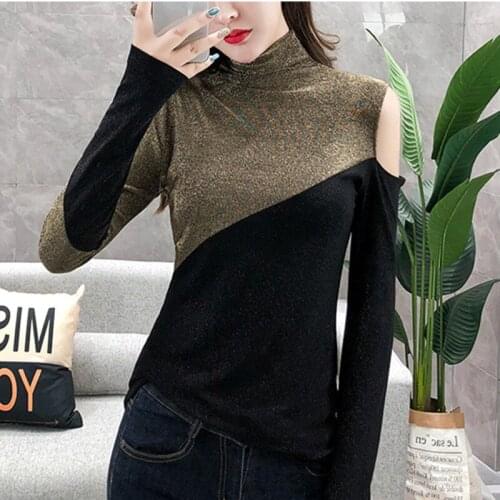 #5647 Silver Gold Red Spliced Color Off Shoulder Turtleneck T Shirt Women Shinny Casual Basic Long Sleeve T Shirt Female Slim