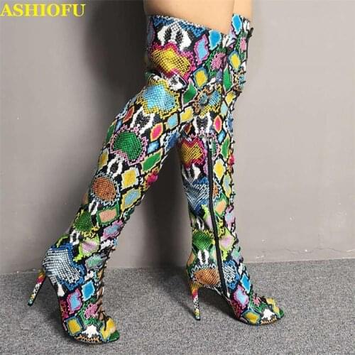 ASHIOFU New Arrival Women High Heel Boots Cross-straps Peep-toe Autumn Thigh High Boots Multicolored Evening Fashion Boots Shoes