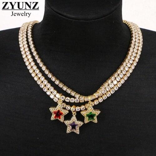 6PCS, Gold Color Star CZ Tennis Chain Necklaces For Women Star Choker Pendant Necklace Charm Crystal Wedding Jewelry