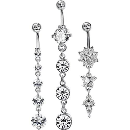 3PCS 14G Stainless Steel Belly Button Rings Navel Body Jewelry Belly Piercing CZ Inlaid