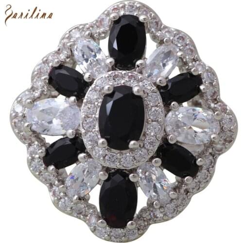 Black Crystal Silver Color Overlay Fashion Jewelry Rings Size 5 6 7 8 9 R552
