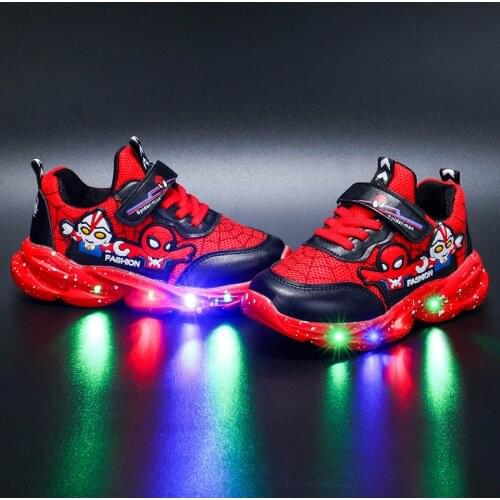 Disney Marvel Spider-Man with Lamp Boys Shoes Mesh Breathable Childrens Sneakers Boy Shoes 2021 New Velvet Warm Soft Bottom