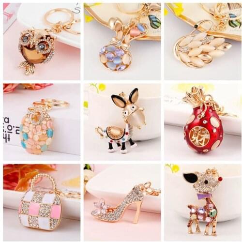 Best selling owl, dog, donkey, rabbit, Rhinestone-encrusted alloy key chain girls fashion bag pendant car pendants