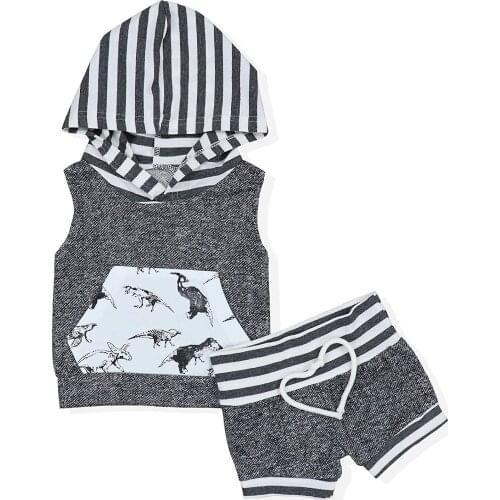 OKLADY Baby Boys Dinosaur Sleeveless Hoodie Tops Sweatsuit Pants Outfit Set Boy Strip Gray Top Trendy Adaptable Short Casual