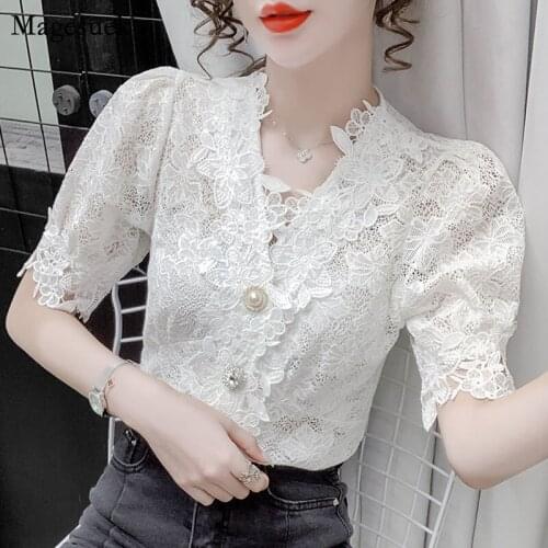 Crochet Hollow Flower Stitching Womens Shirt Korean V-neck Slim Short Sleeve Tops Summer Sweet Lace Blouse Women Blusas 15388