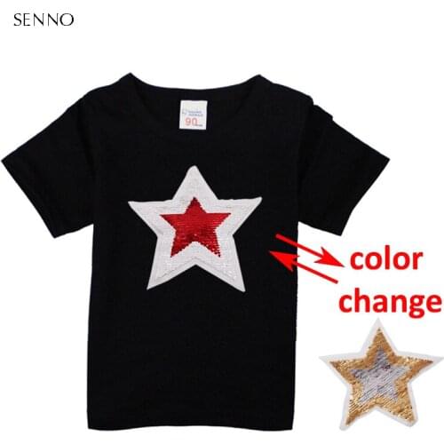 SENNO festival summer shining glitter star magic switchable sequin girl tee shirt kid girls t shirt children tops clothes 2-17T
