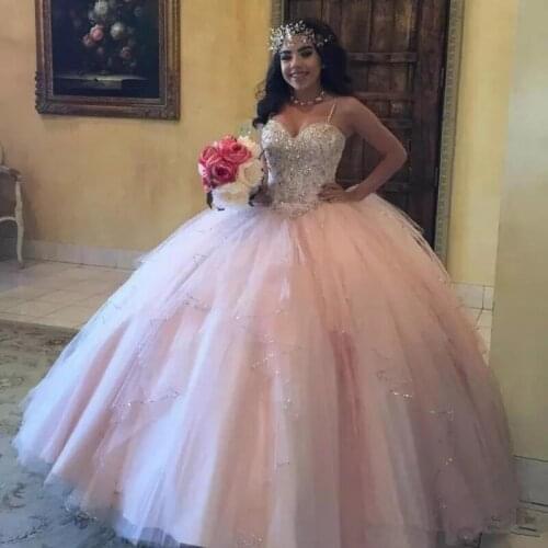 Sexy Tulle Sweeetheart Ball Gown Quinceanera Dresses 2021 Spaghetti Straps Party Vestidos De Quinceañera Beadings Sweet 16 Dress
