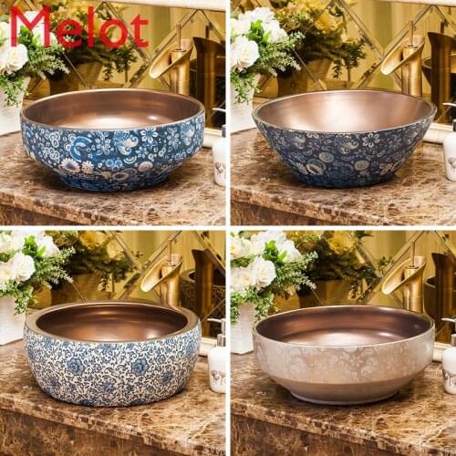 Blue and White European Style Table Basin Balcony Retro Wash Basin European Style Home Bathroom Washbasin Art Ceramics