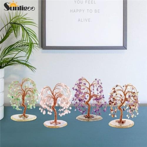 Sunligoo New Healing Crystal Tree Figurines Gemstone Natural Agate Base Amethyst Money Tree Feng Shui Trees Ornaments Home Decor