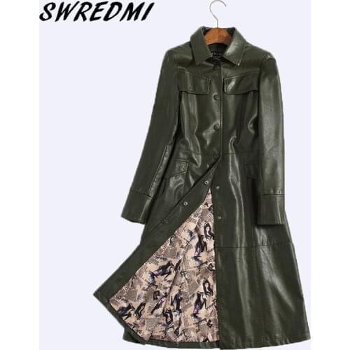 2020 Spring Autumn Women Leather Jacket Fashion High-end Leather Coats X-long Belted Slim Winter Leather Trench Coats SWREDMI