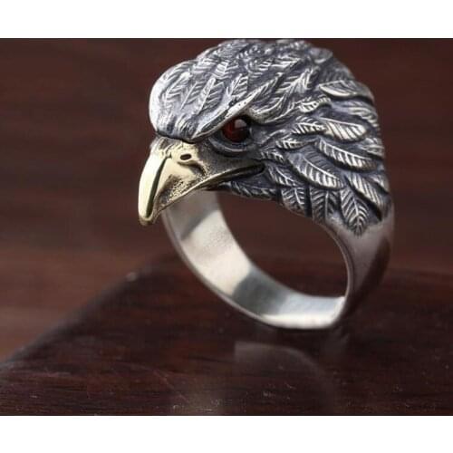 Domineering Mens Ring Beautifully Carved Eagle Head Red Eye Zircon Punk Retro Party Prom Jewelry Gift