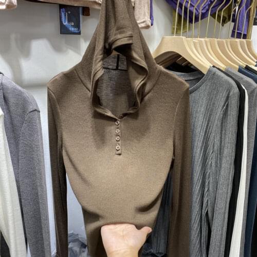 Womens Cotton Long-Sleeved Hooded T-shirt Autumn Top