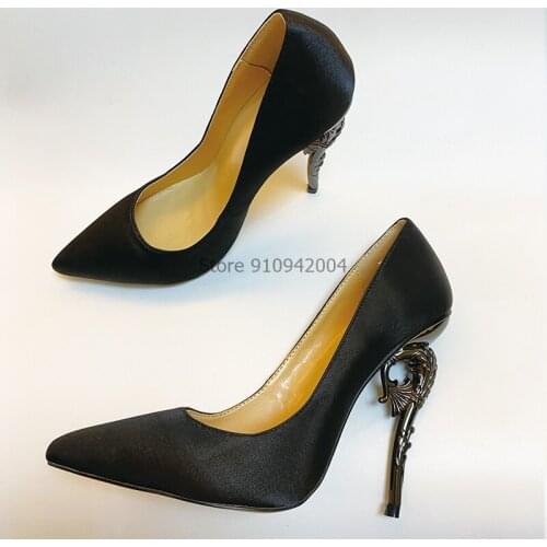 Woman Heel Black Satin High Heels Seahorse Design Pumps Pointed Toe Wedding Stilettos Pumps Sexy Women Shoes