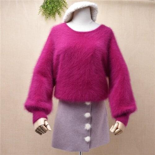 A250 elegant fashion female women hairy mink cashmere loose long lantern sleeve pullover o-neck angora fur jumper sweater winter