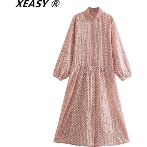 XEASY Za Women 2021 Embroidery Midi Dress Turn Down Collar Casual Long Sleeve Sweet Dresses Female Elegant A Line Robe Dress