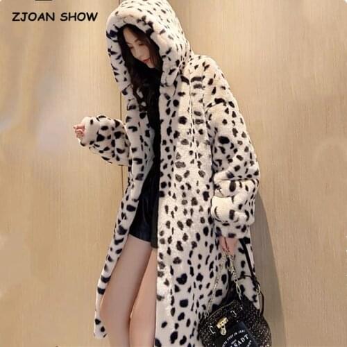 Oversized Winter Hooded Hairy Shaggy Soft Leopard Fur Long Coat Long Sleeve Furry Stay warm Women Jacket Long Trench Outerwear