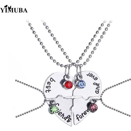4 pcs/set Best Friends Forever Broken Heart Pendant Necklace Multicolor Rhinestone BFF Puzzle Friendship Necklace Christmas Gift