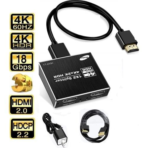 4K HDMI splitter 1x2 HDMI 2.0 splitter 1 in 2 out HDMI amplifier switch HDR, with HDCP2.2 cracking for Apple TV box