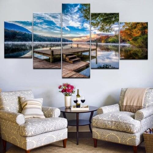 5pcs HD Printing Canvas Painting Natural Scenery Lake Water Wooden Bridge Art Group Home Decor Wall Poster Modular Picture