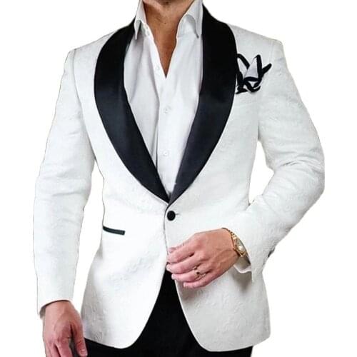 White Paisley Floral Groom Tuxedos with Black Pants Shawl Lapel Groomsmen Mens Wedding Suits 2 Piece Male Fashion Blazer 2021
