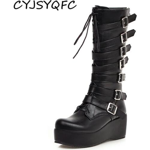 CYJSYQFC Autumn Winter Punk Gothic Women Platform Boots Buckle Strap Lace Up Creeper Wedges Shoes Mid Calf Military Combat Boots