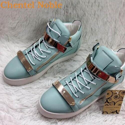 Brand Chentel Comfortable Leather Metal Band Fashion Men Casual Shoes Party Dress Shoes Men Flats Lace-Up Sneakers Light Blue