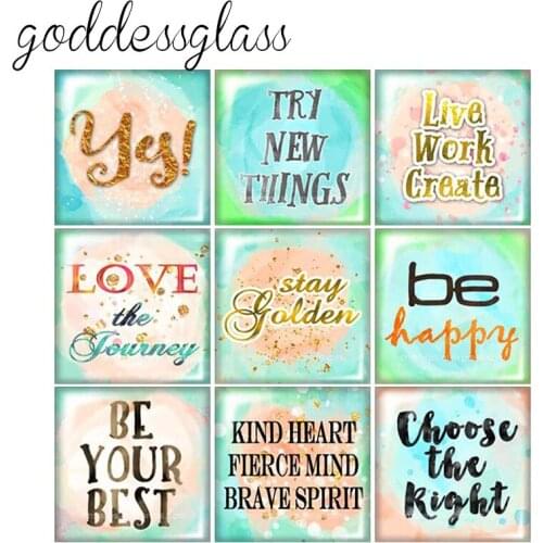 Words motto be happy Artistic fonts 12mm/20mm/25mm/30mm Square photo glass cabochon demo flat back Making findings FB0015