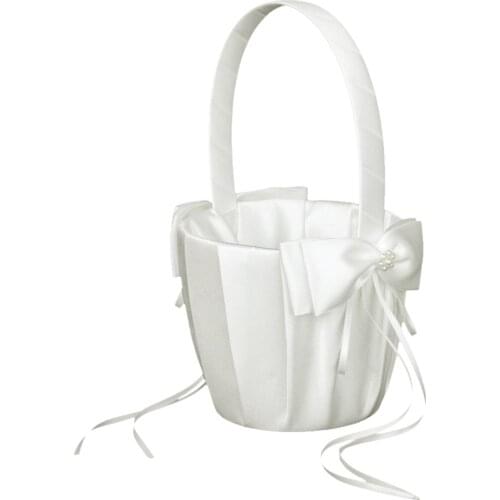 Boutique Faux Pearl Flower Wedding Flower Girl Basket Bowknot Decor Ivory