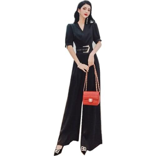 Business Formal Jumpsuit Work Wear Women Elegant Long Deep V Neck Wrap Jumpsuit Solid Belt High Waist Jumpsuit Wide Leg