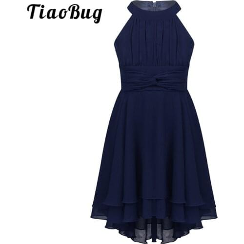 TiaoBug Kids Girls Sleeveless Halter Pleated High-Low Hem Pageant Birthday Party Ballroom Dress Modern Lyrical Dance Costumes