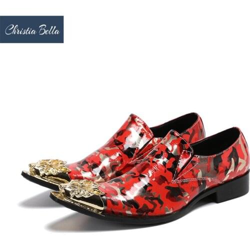 Designer Red Camouflage Print Real Leather Men Shoes Plus Size Metal Pointed Toe Men Party Club Shoes Formal Dress Shoes Male