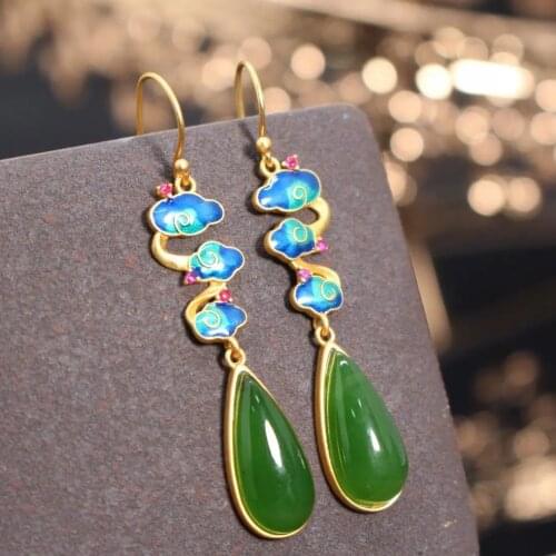 Natural Hetian jasper enamel porcelain craft earrings for women Chinese retro ethnic style cheongsam charm brand silver jewelry