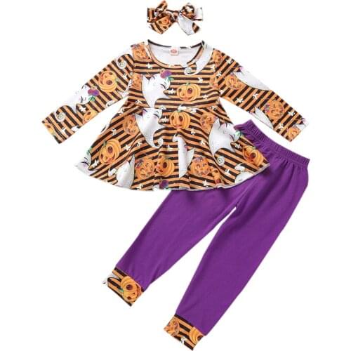 18M-6Y Toddler Girls Halloween Clothes Set Stripe Cartoon Long Sleeve Pullover + Long Pants + Headdress 3Pcs Autumn Outfits