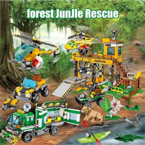 City Police Jungle Rescue Operations Building Blocks Animal Rescue Station Helicopter Figures Bricks Educational Toys For Child