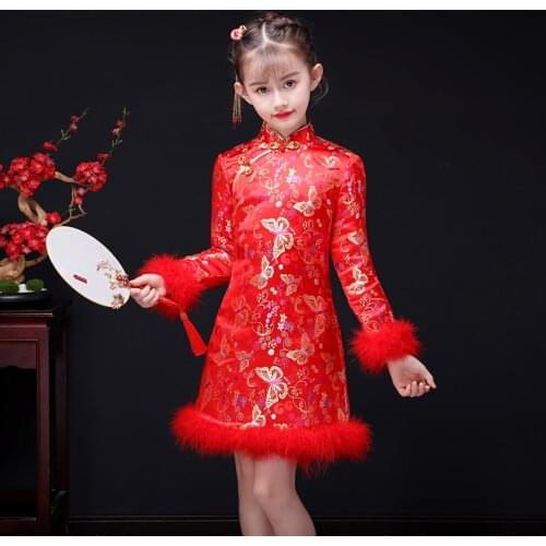 Red Girl Silky Satin Cheongsam Princess Dress Wedding party Kids Winter Thick warm Quilted Birthday Dresses New Year Clothing