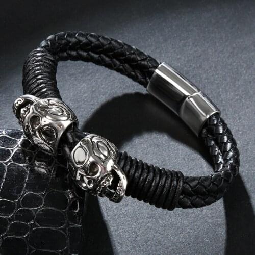 MOZO FASHION 2020 Men Bracelet Stainless Steel Skull Black Braided Rope Leather Chain Bracelets Punk Rock Style Male Jewelry 080