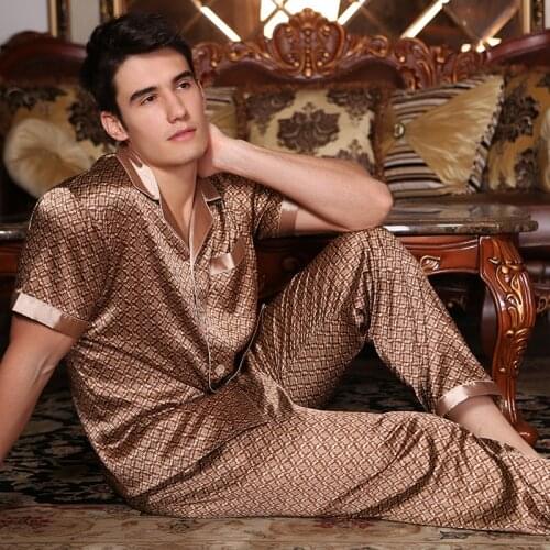 Mens pajamas Silk short sleeve trousers pyjama Satin Noble silk mens sleep pajama Set